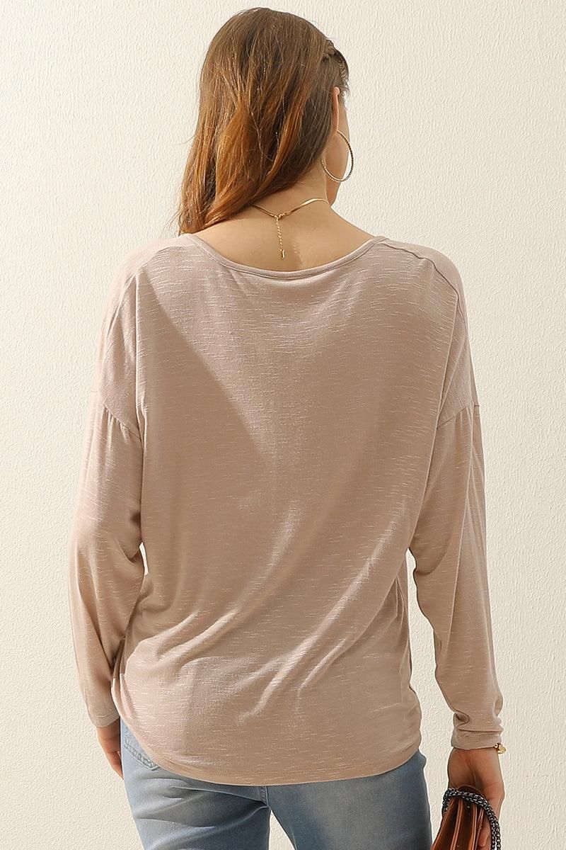 ZIP-UP R NECK LONG SLEEVE SLUB TUNIC TOP - Doublju