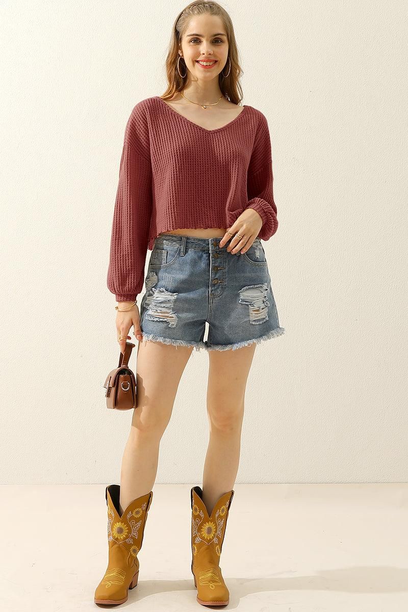 V NECK WAVE HEM SHORT CROP LONG SLEEVE TUNIC TOP - Doublju