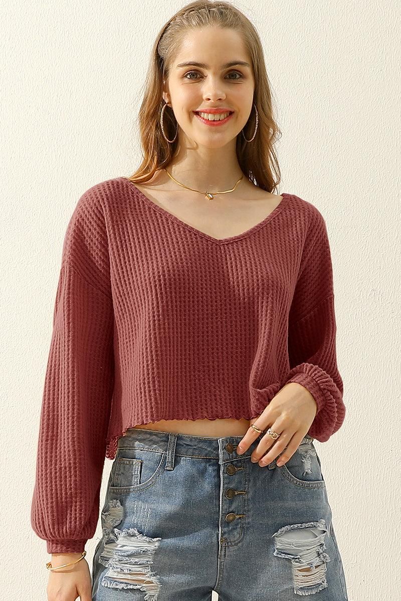 V NECK WAVE HEM SHORT CROP LONG SLEEVE TUNIC TOP - Doublju