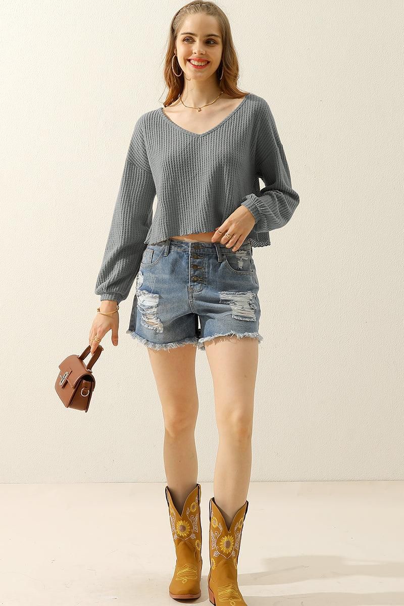 V NECK WAVE HEM SHORT CROP LONG SLEEVE TUNIC TOP - Doublju