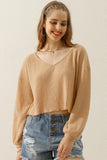 V NECK WAVE HEM SHORT CROP LONG SLEEVE TUNIC TOP - Doublju