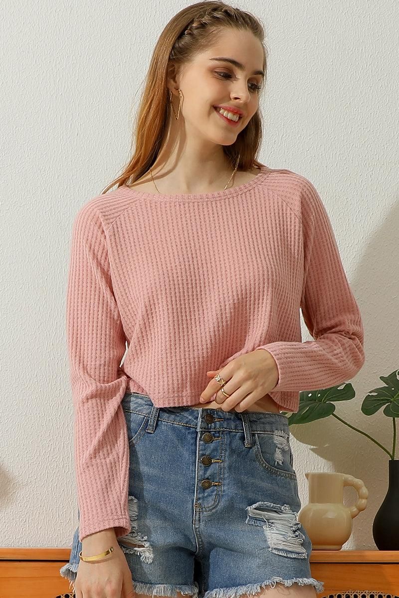 ROUND NECK TUNIC SHORT CROP LONG SLEEVE KNIT TOP - Doublju