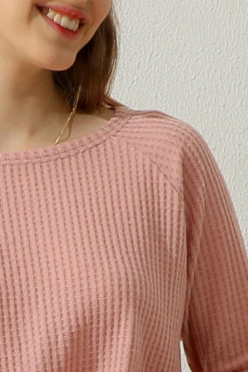 ROUND NECK TUNIC SHORT CROP LONG SLEEVE KNIT TOP - Doublju