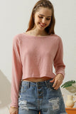 ROUND NECK TUNIC SHORT CROP LONG SLEEVE KNIT TOP - Doublju