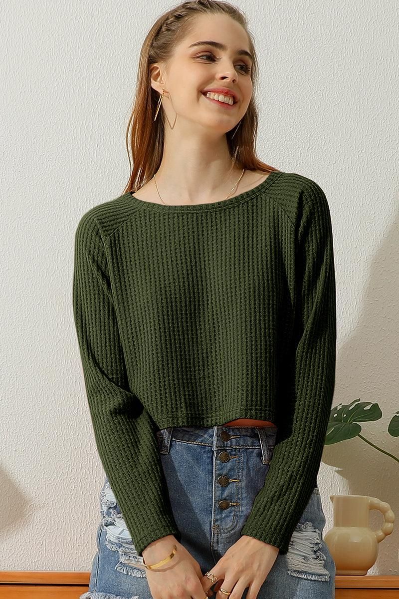 ROUND NECK TUNIC SHORT CROP LONG SLEEVE KNIT TOP - Doublju