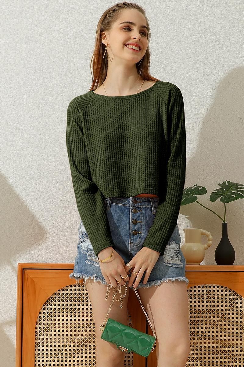 ROUND NECK TUNIC SHORT CROP LONG SLEEVE KNIT TOP - Doublju