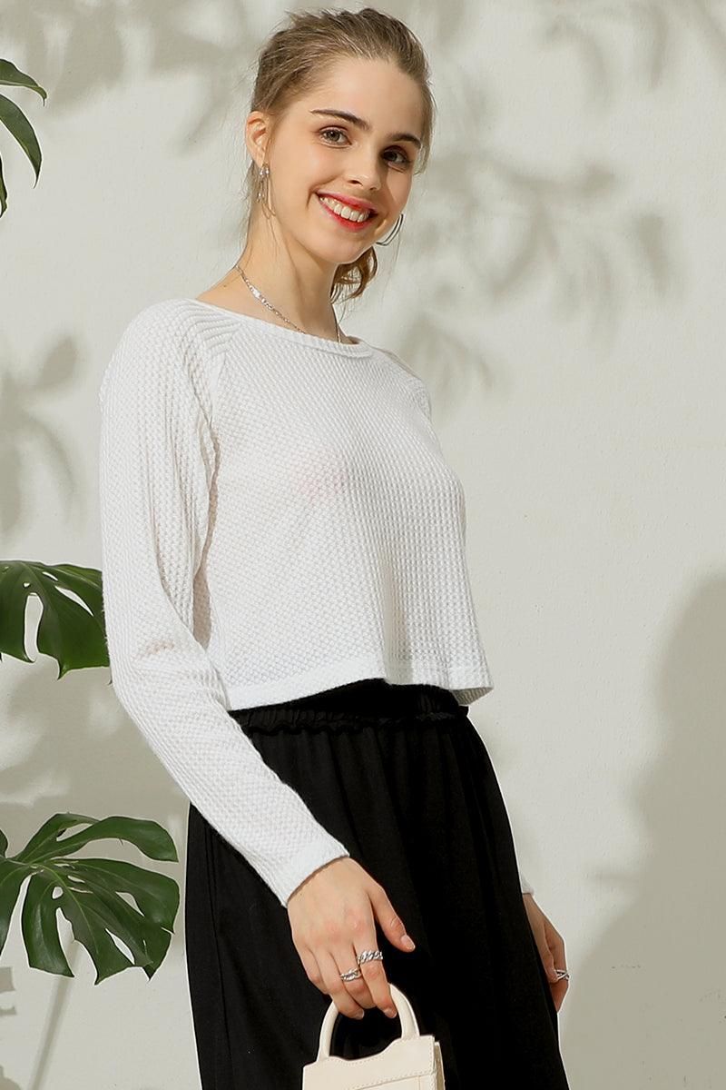 ROUND NECK TUNIC SHORT CROP LONG SLEEVE KNIT TOP - Doublju