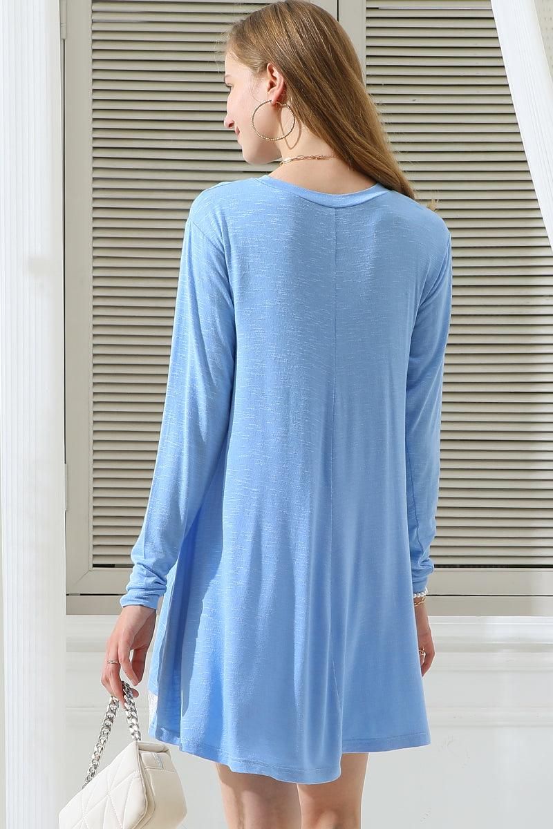 ROUND NECK LONG SLEEVE RACED HEM UNBLANCED TEE TOP - Doublju