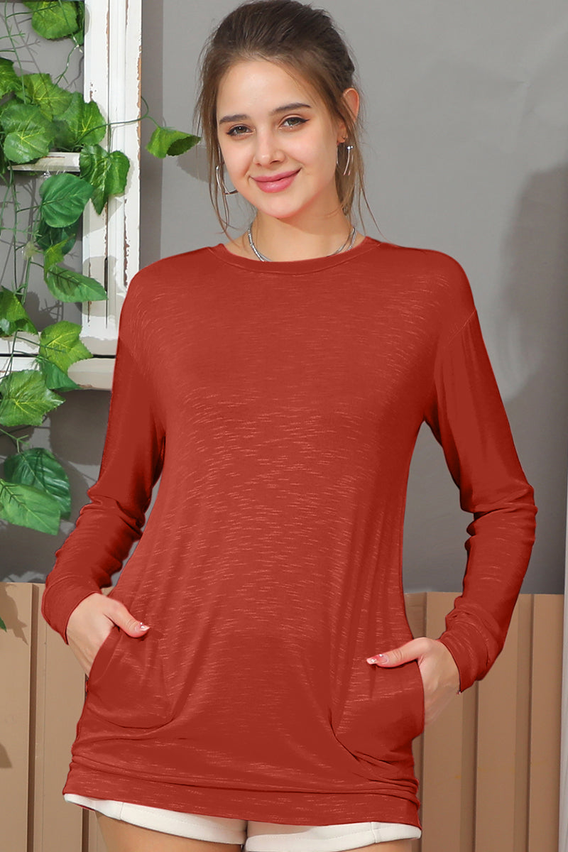 LONG SLEEVE ROUND NECK BASIC TUNIC TOP WITH POCKET