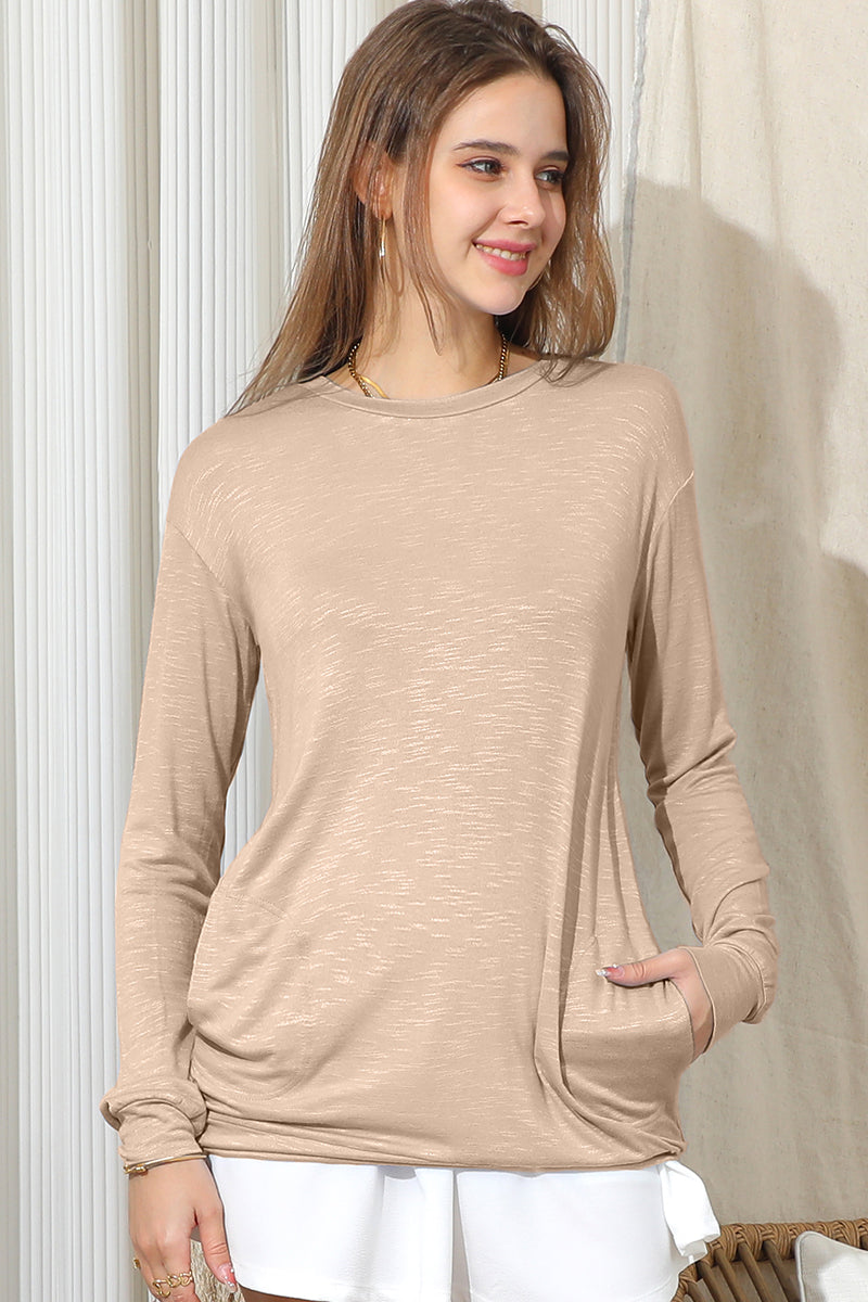 LONG SLEEVE ROUND NECK BASIC TUNIC TOP WITH POCKET