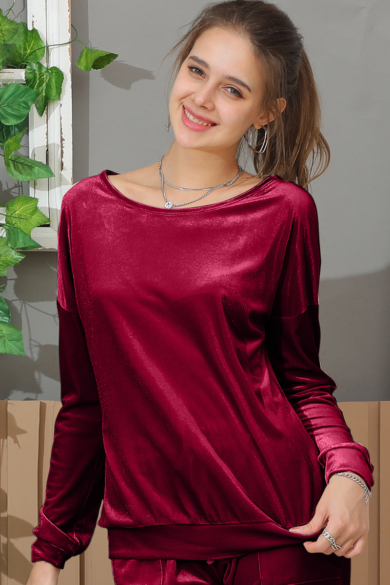 LONG SLEEVE WIDE ROUND NECK VELVET SWEATSHIRT