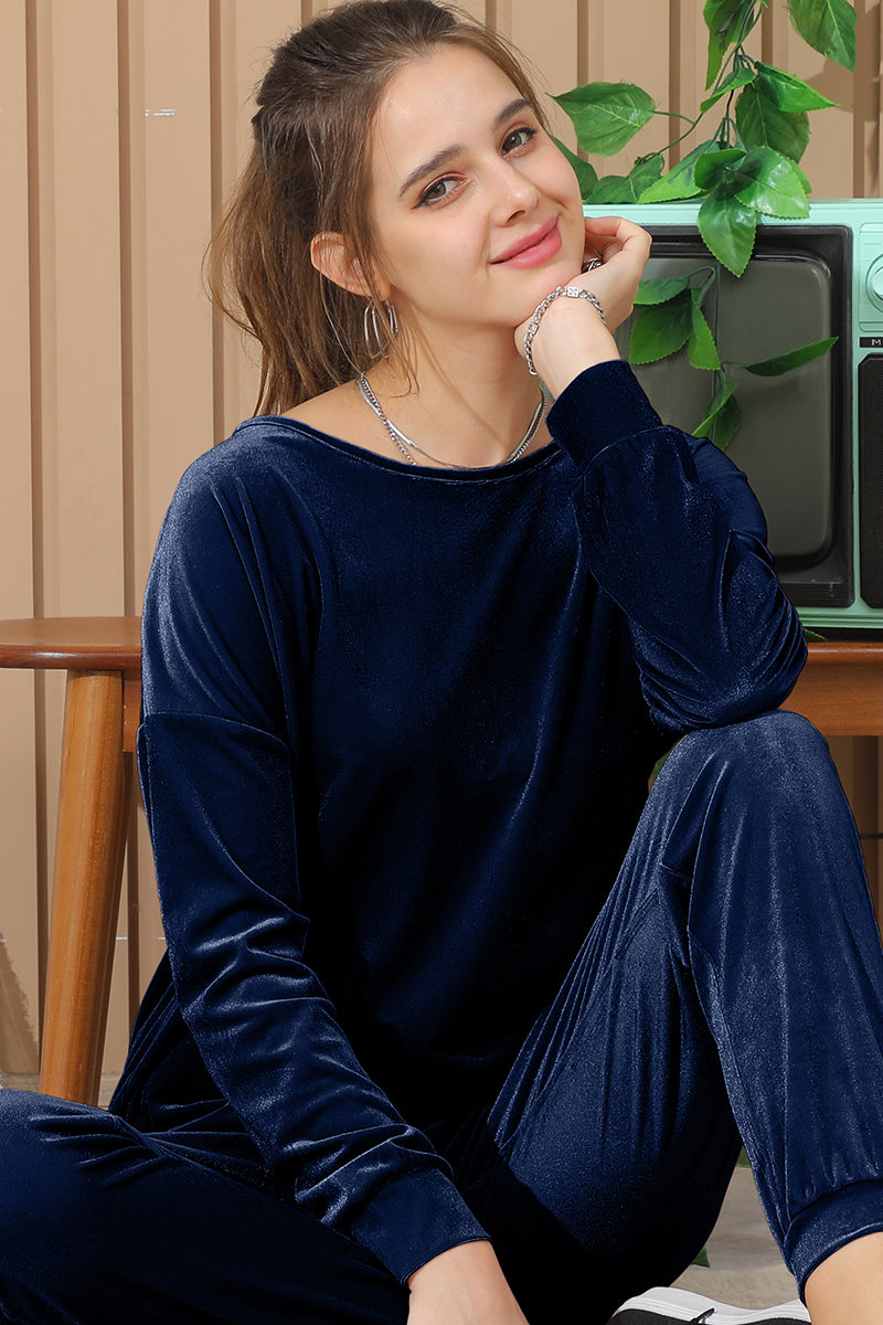 LONG SLEEVE WIDE ROUND NECK VELVET SWEATSHIRT