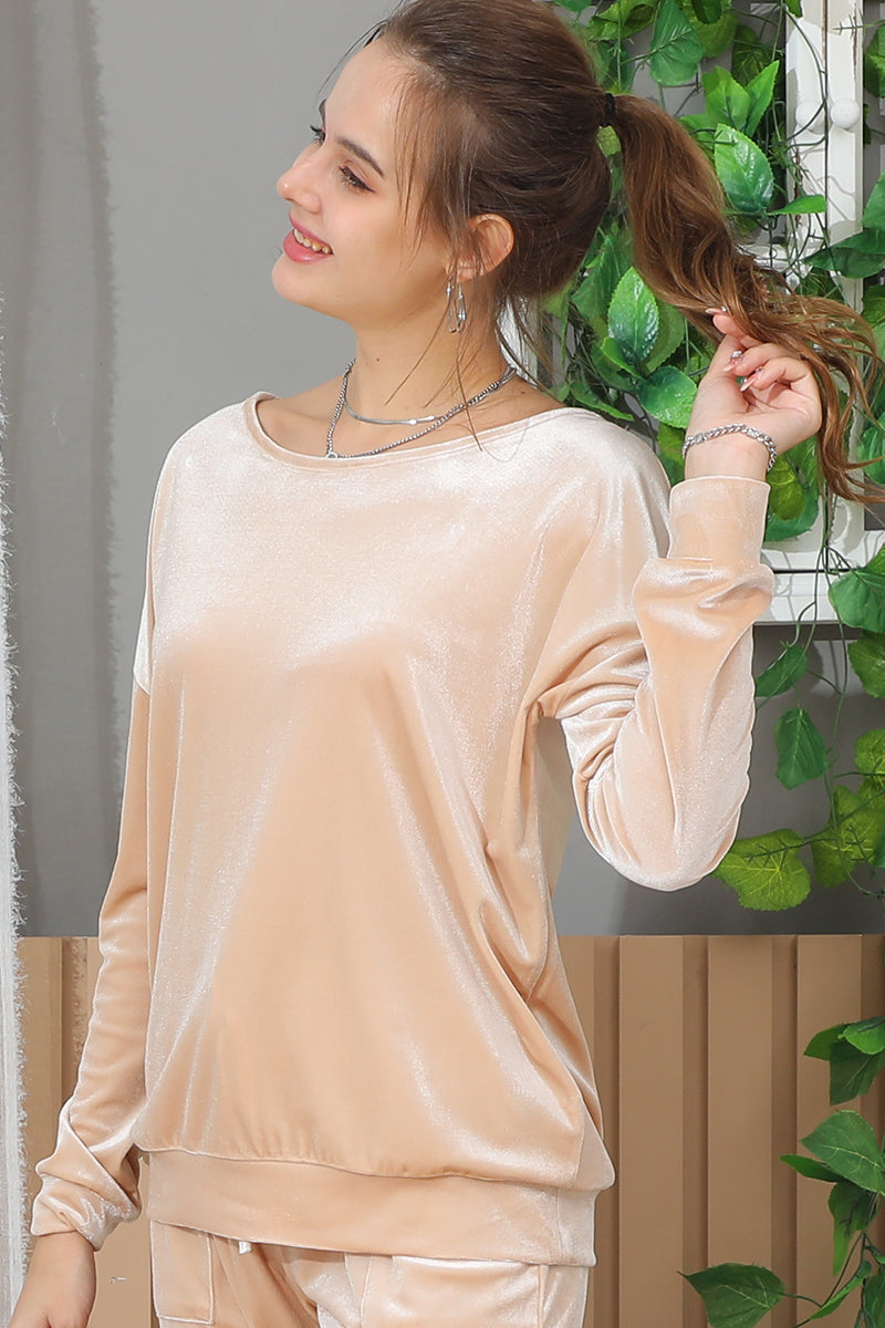 LONG SLEEVE WIDE ROUND NECK VELVET SWEATSHIRT