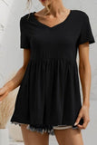 V NECK SHORT SLEEVED DOLL SHIRT TOP - Doublju