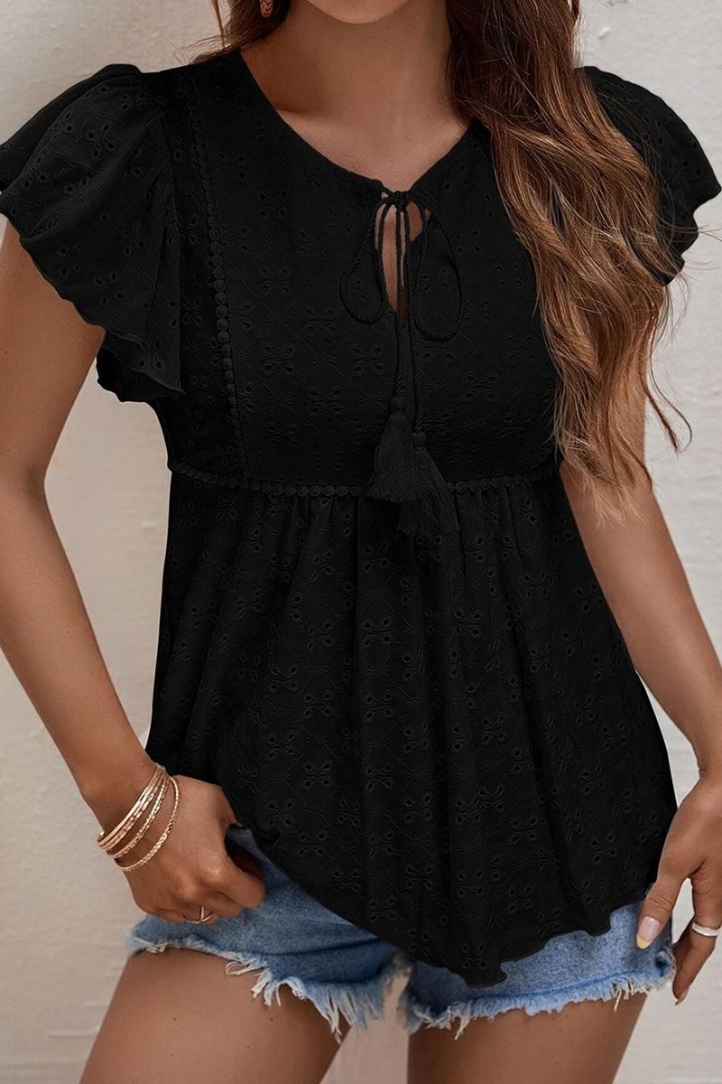 RUFFLED SLEEVE TIE NECK TUNIC TOP - Doublju