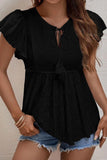 RUFFLED SLEEVE TIE NECK TUNIC TOP - Doublju