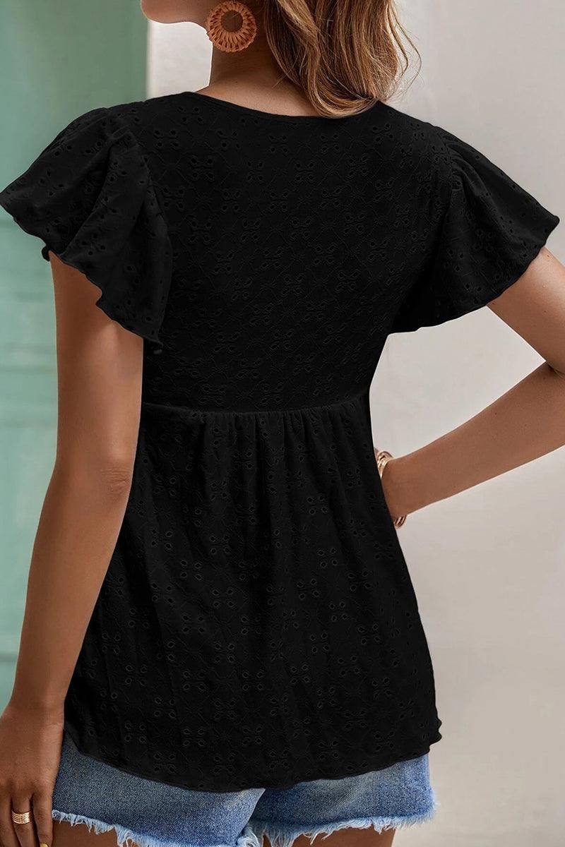 RUFFLED SLEEVE TIE NECK TUNIC TOP - Doublju