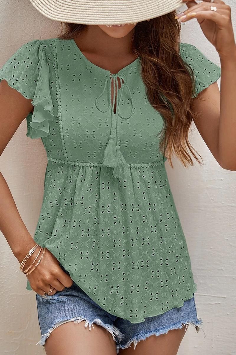 RUFFLED SLEEVE TIE NECK TUNIC TOP - Doublju
