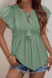 RUFFLED SLEEVE TIE NECK TUNIC TOP - Doublju
