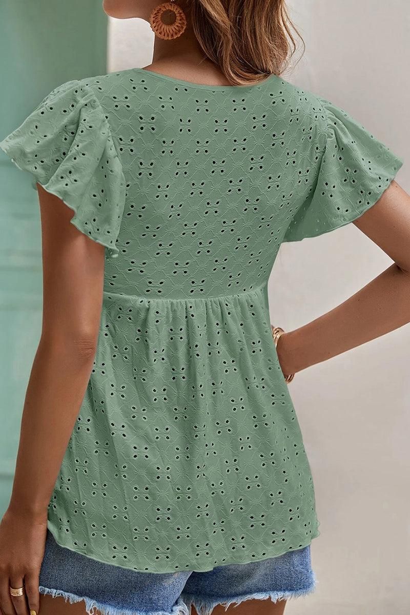 RUFFLED SLEEVE TIE NECK TUNIC TOP - Doublju