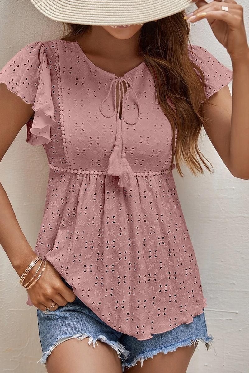 RUFFLED SLEEVE TIE NECK TUNIC TOP - Doublju
