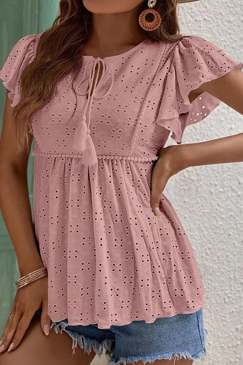 RUFFLED SLEEVE TIE NECK TUNIC TOP - Doublju