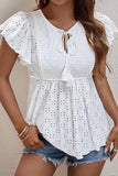 RUFFLED SLEEVE TIE NECK TUNIC TOP - Doublju