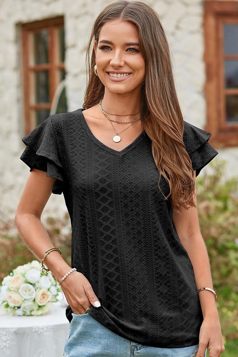 V NECK PUNCHING LACE DOUBLE SLEEVE TOP - Doublju