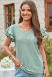 V NECK PUNCHING LACE DOUBLE SLEEVE TOP - Doublju