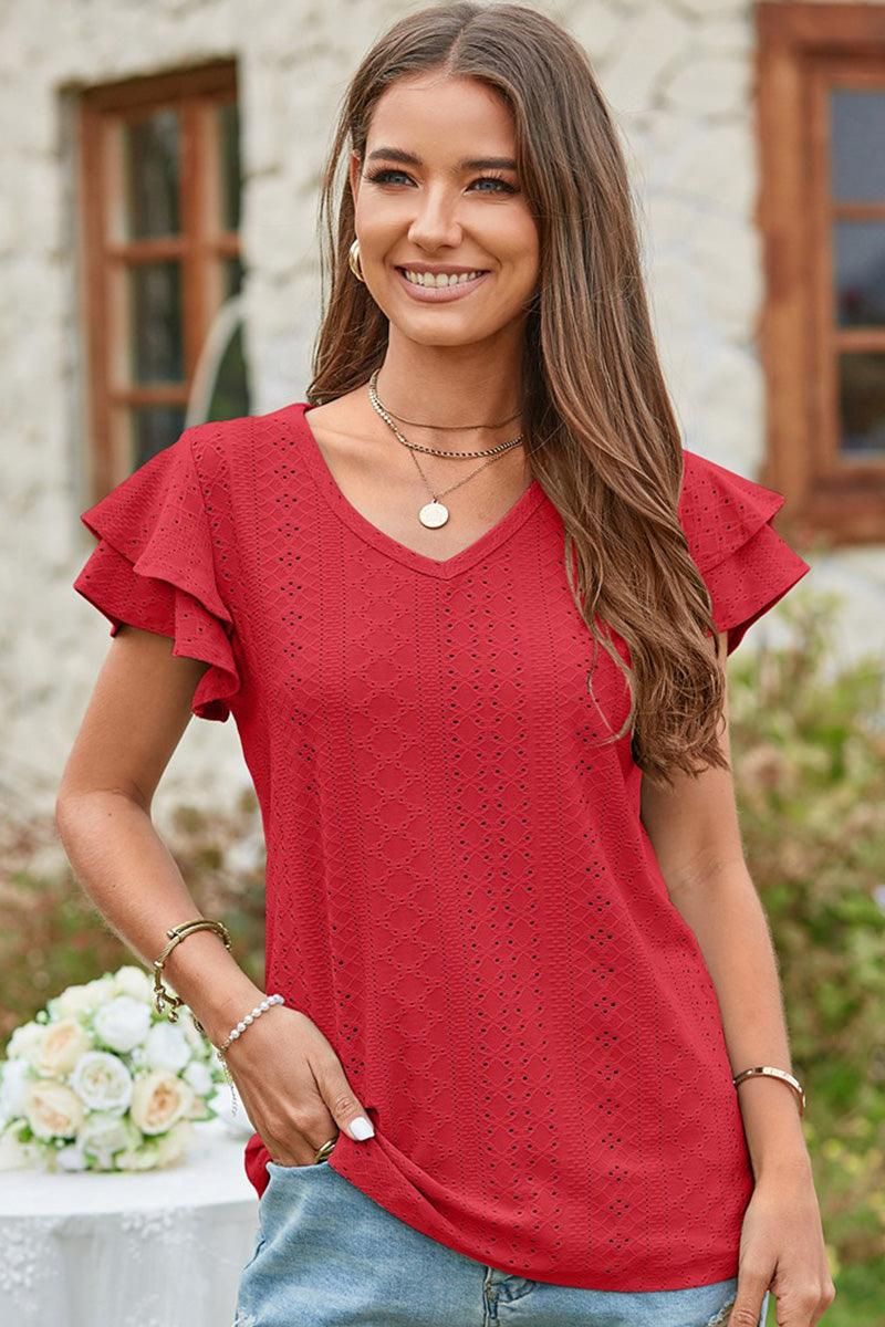 V NECK PUNCHING LACE DOUBLE SLEEVE TOP - Doublju