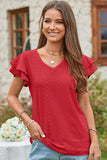 V NECK PUNCHING LACE DOUBLE SLEEVE TOP - Doublju