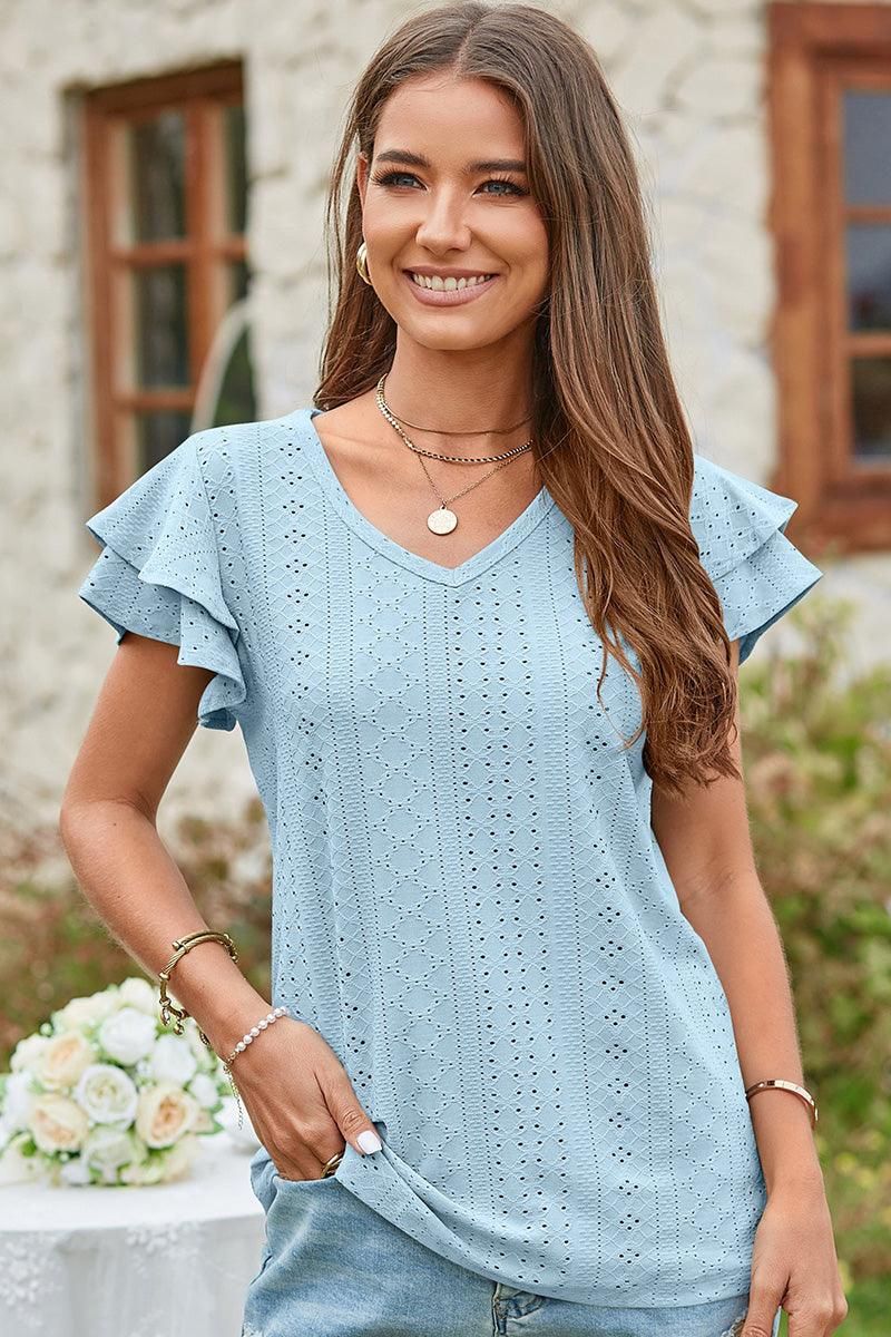 V NECK PUNCHING LACE DOUBLE SLEEVE TOP - Doublju