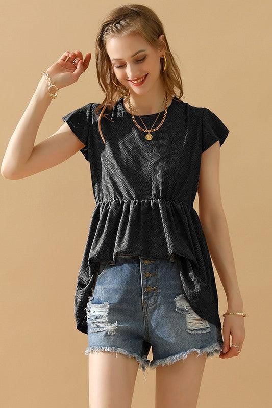 RUFFLED ELASTIC WAIST PUNCHING LACE TEE - Doublju