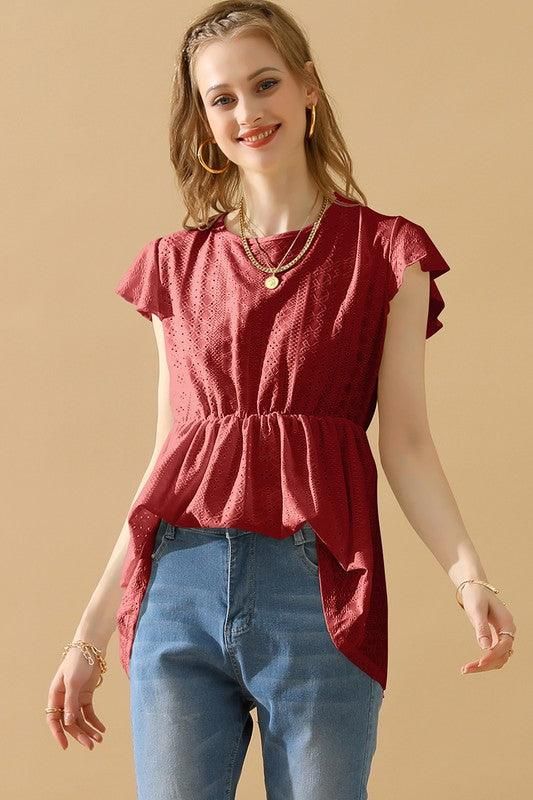 RUFFLED ELASTIC WAIST PUNCHING LACE TEE - Doublju