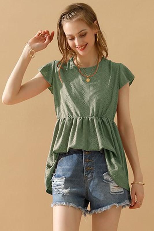 RUFFLED ELASTIC WAIST PUNCHING LACE TEE - Doublju