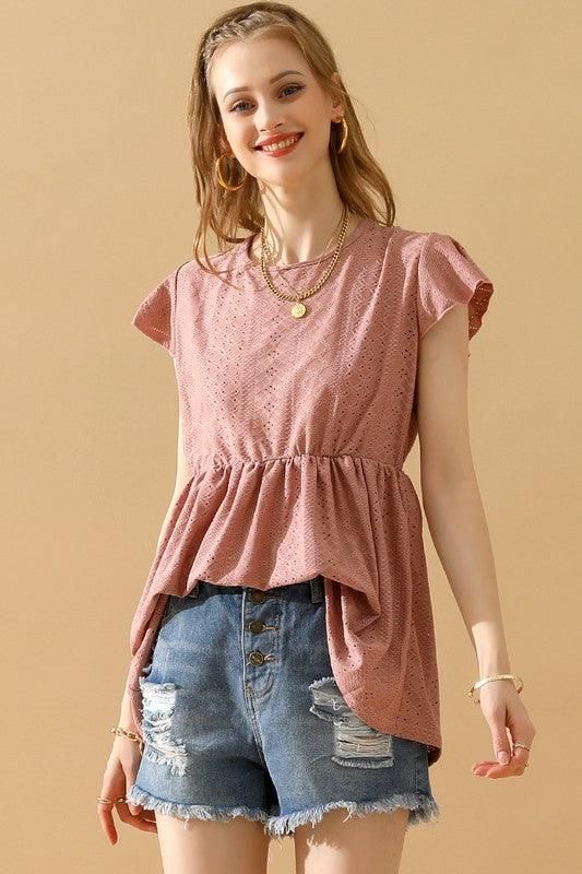 RUFFLED ELASTIC WAIST PUNCHING LACE TEE - Doublju