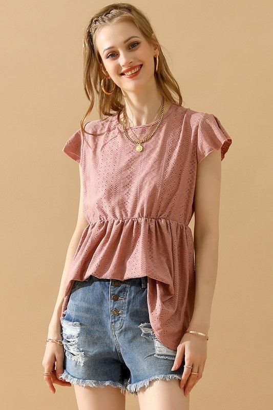 RUFFLED ELASTIC WAIST PUNCHING LACE TEE - Doublju