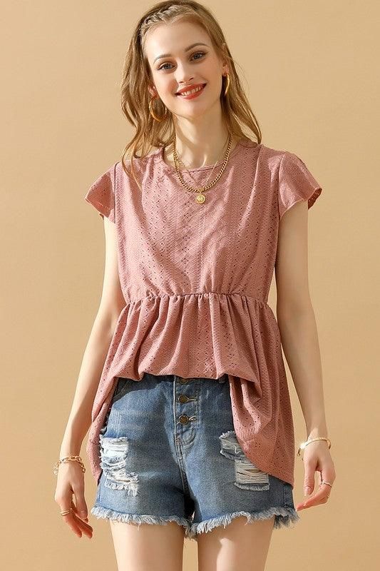 RUFFLED ELASTIC WAIST PUNCHING LACE TEE - Doublju