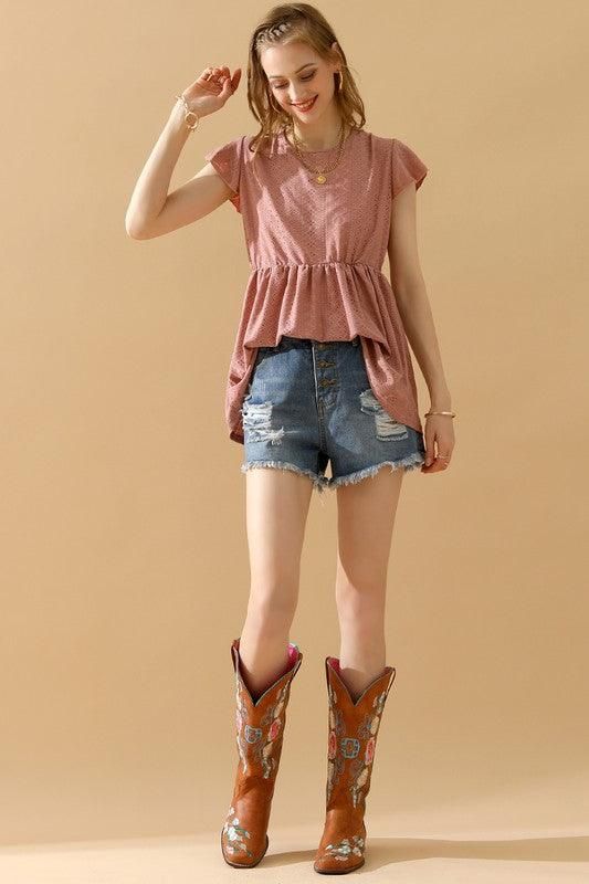 RUFFLED ELASTIC WAIST PUNCHING LACE TEE - Doublju