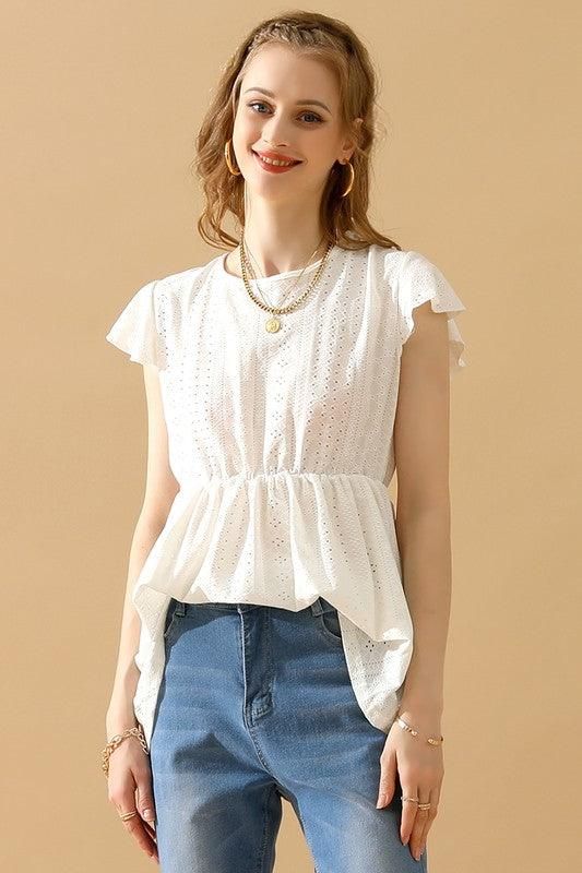 RUFFLED ELASTIC WAIST PUNCHING LACE TEE - Doublju