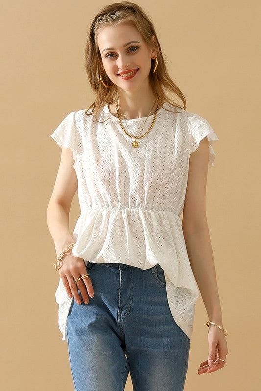 RUFFLED ELASTIC WAIST PUNCHING LACE TEE - Doublju