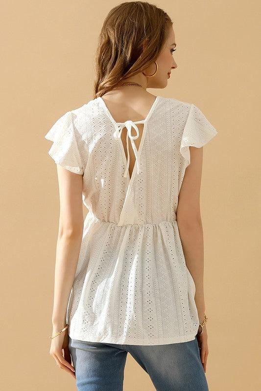 RUFFLED ELASTIC WAIST PUNCHING LACE TEE - Doublju