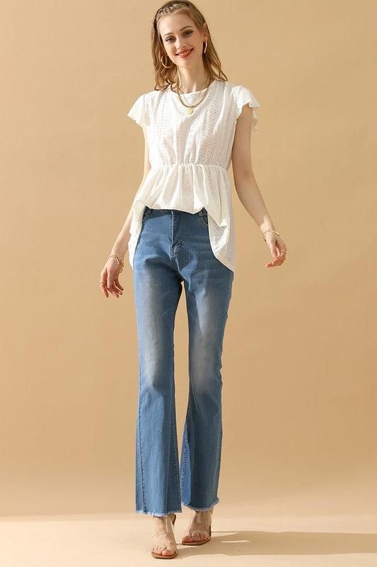 RUFFLED ELASTIC WAIST PUNCHING LACE TEE - Doublju