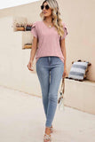 PUNCHING LACE TULIP PUFF V NECK T-SHIRTS - Doublju