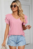 PUNCHING LACE CAKE PUFF V NECK T-SHIRTS - Doublju