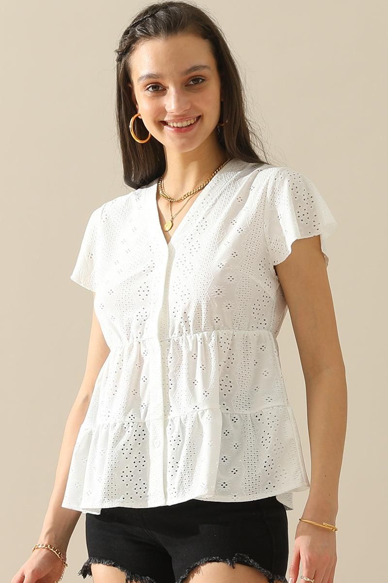 PUNCHING LACE BUTTON UP CANCAN BLOUSE - Doublju