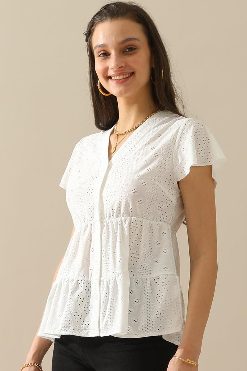 PUNCHING LACE BUTTON UP CANCAN BLOUSE - Doublju