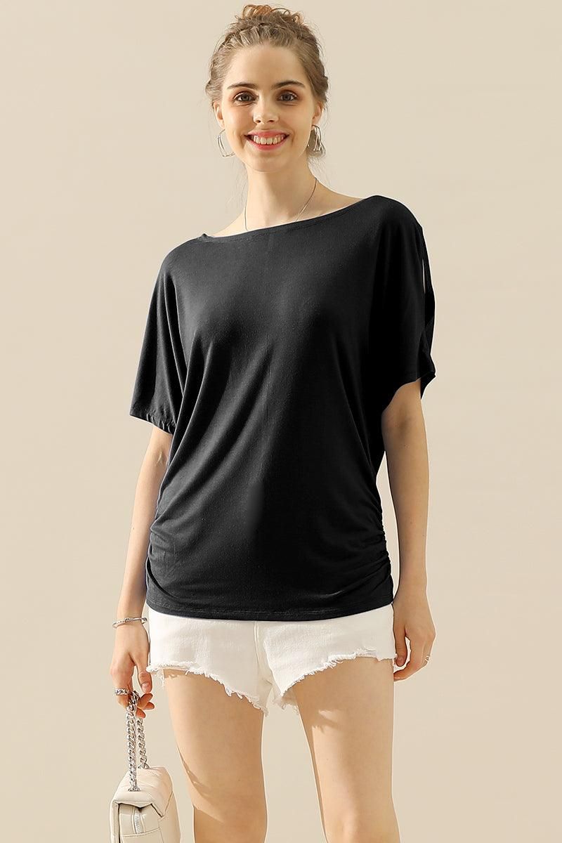 DOLMAN SIDE SLIT SHORT SLEEVE BOAT NECKLINE TEE - Doublju