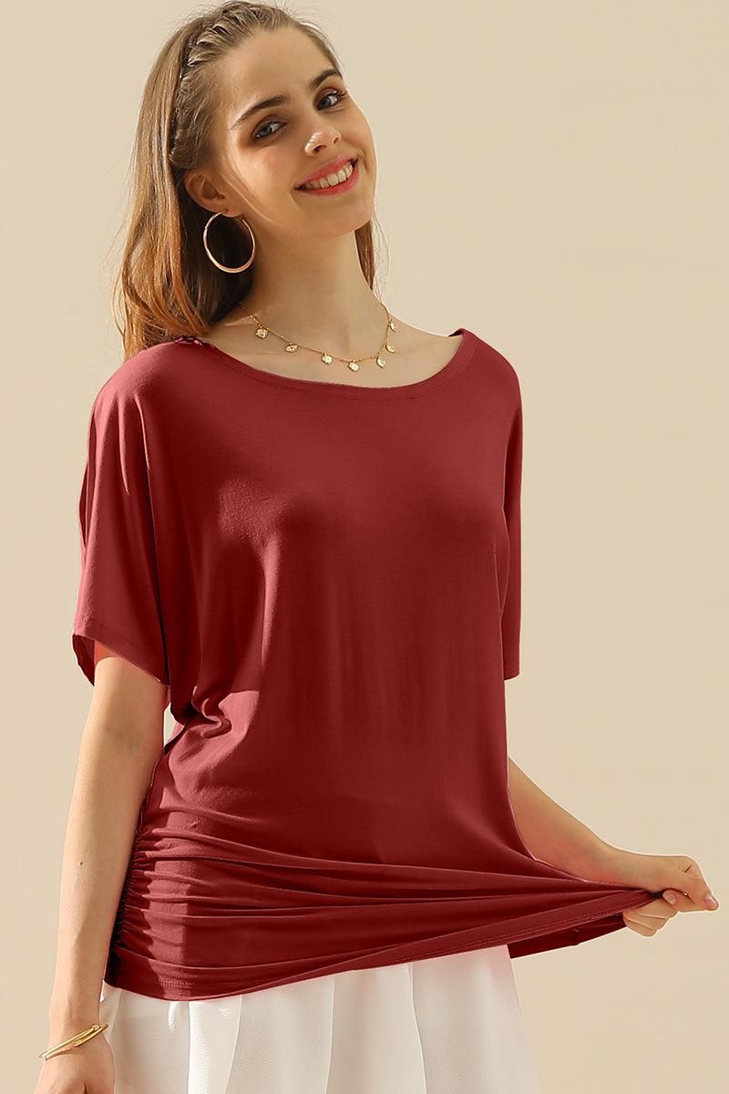 DOLMAN SIDE SLIT SHORT SLEEVE BOAT NECKLINE TEE - Doublju