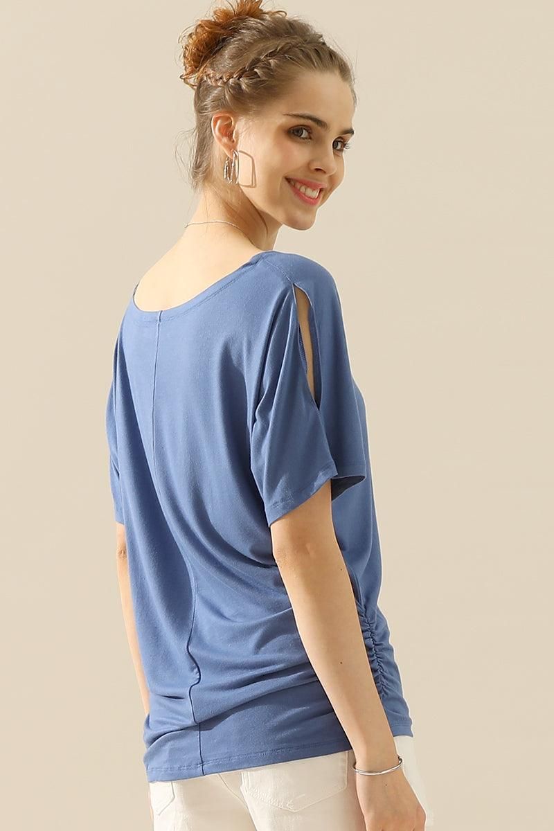 DOLMAN SIDE SLIT SHORT SLEEVE BOAT NECKLINE TEE - Doublju